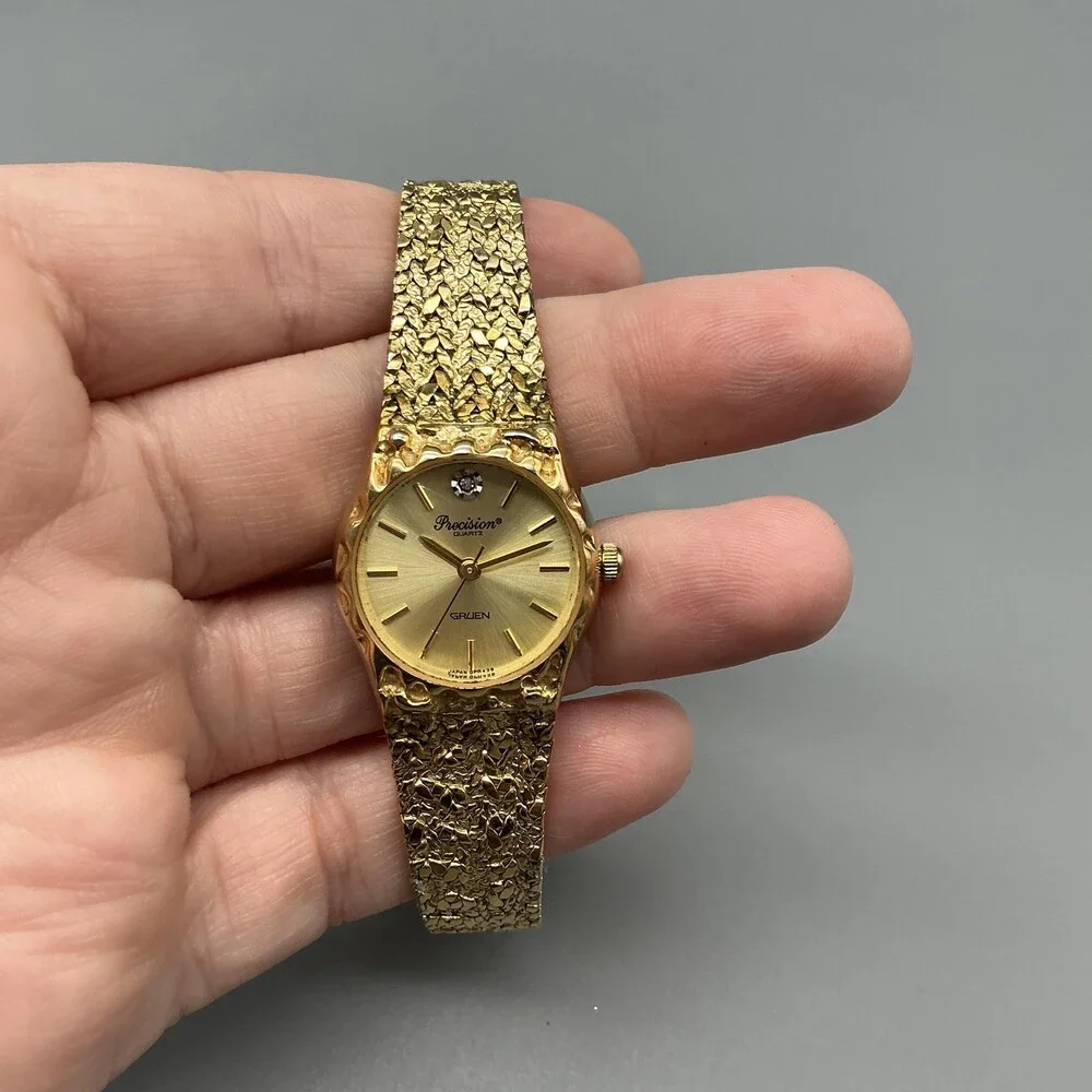 Vtg Gruen Precision Womens Watch 23mm Gold Tone Textured Bracelet New Battery